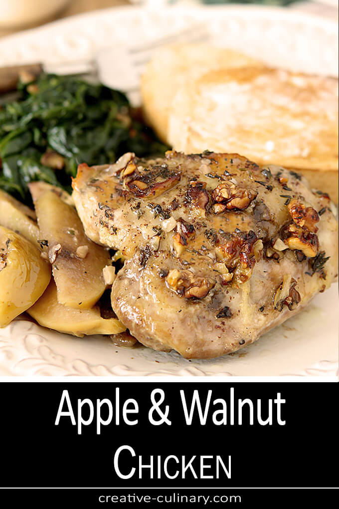 Apple Walnut Chicken with Honey Mustard Dressing Serving with Mashed Potatoes and a Green Vegetab le