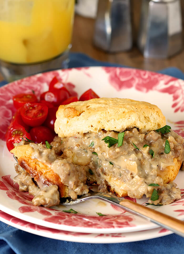 A Serving of Biscuits with Sausage and Maple Flavor White Gravy