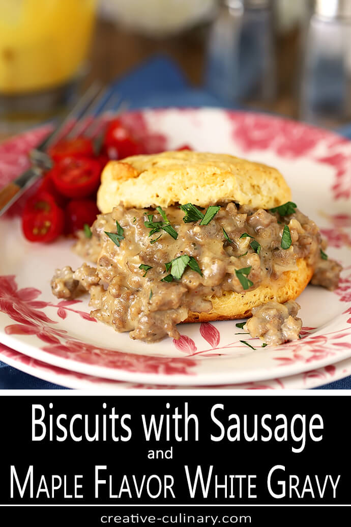 Plate of Biscuits with Sausage and Maple Flavor White Gravy with Cherry Tomatoes