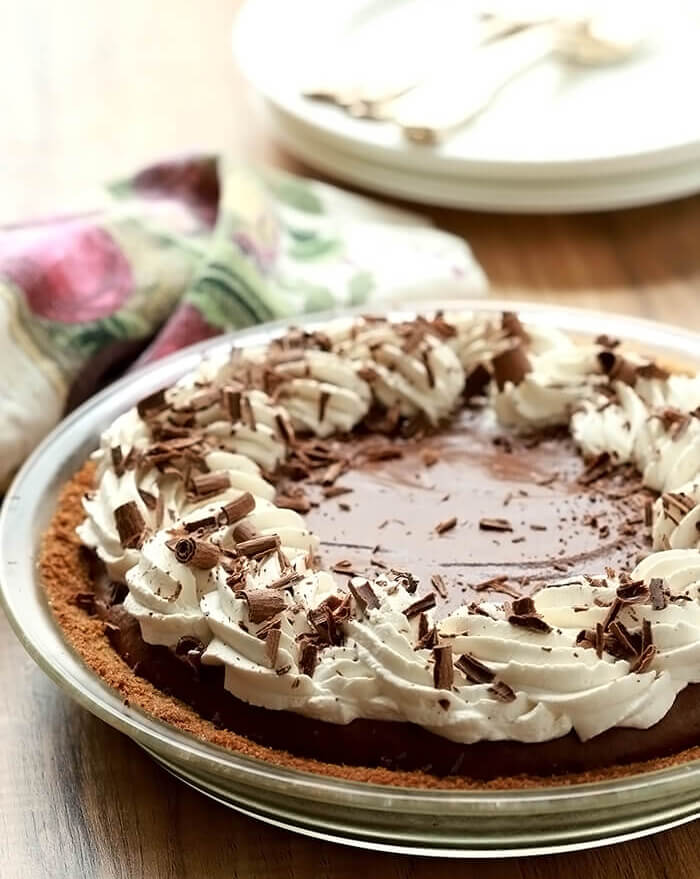 Whole French Silk Pie with Whipped Cream and Chocolate Curls