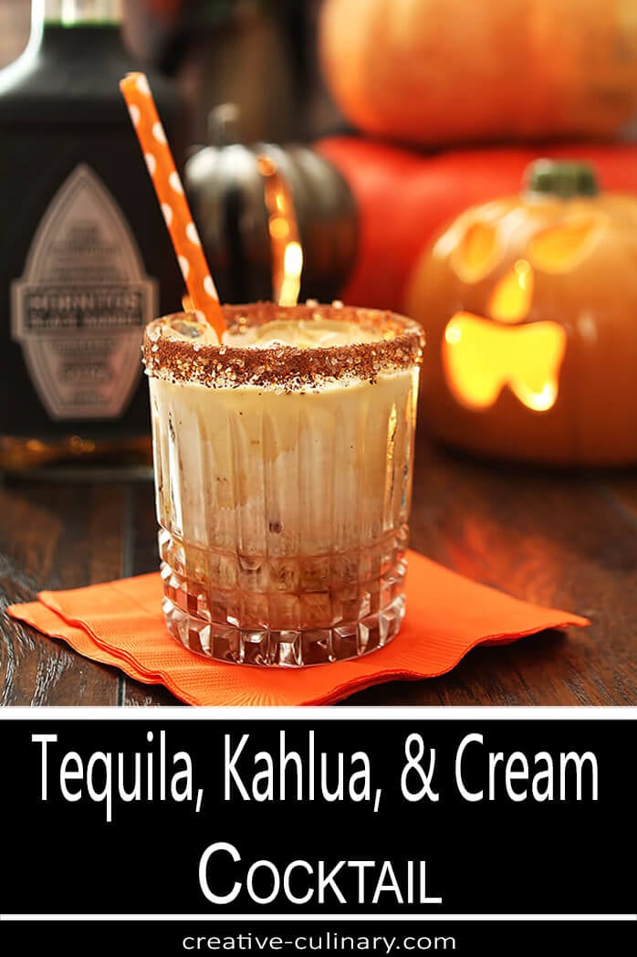 Tequila, Kahlua, and Cream in Highball Glass Rimmed with Cocoa and Sugar Crystals
