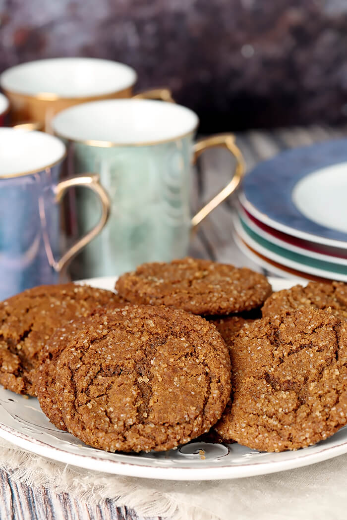 Molasses Cookies Cookie Platter with Dessert Plates and Coffee Cups in Background
