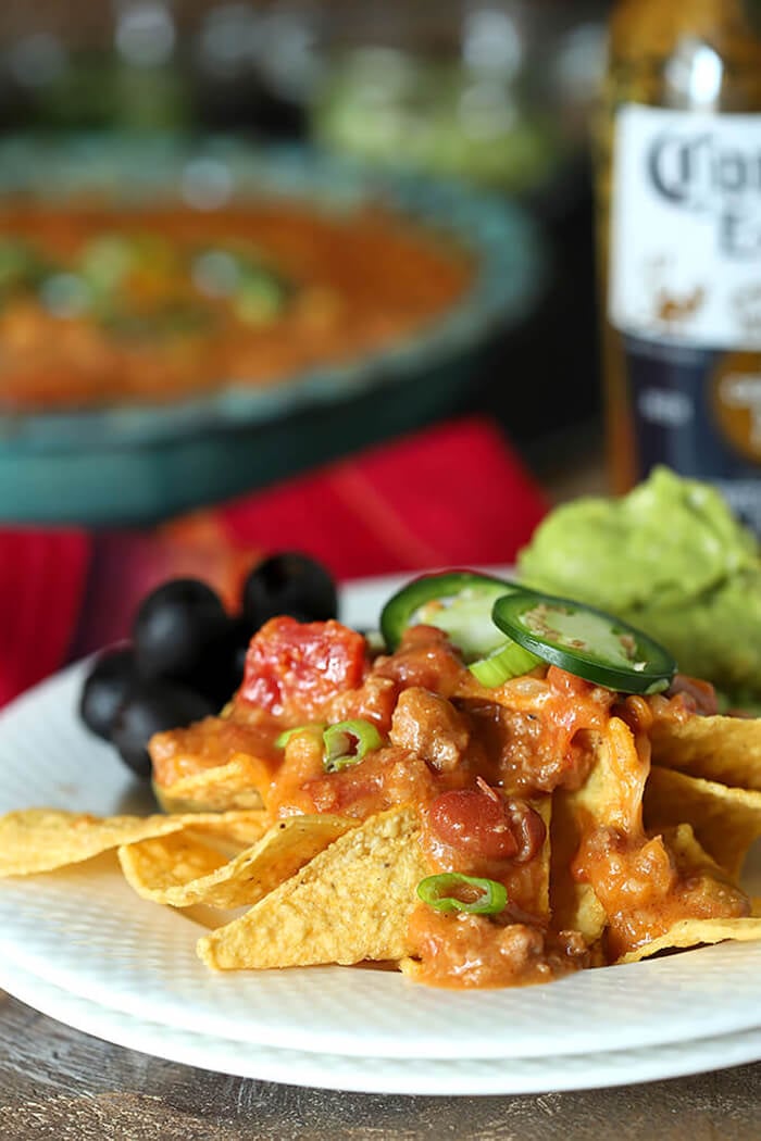 Nacho Mommas Beef, Bean, and Cheese Tortilla Dip Served Over Corn Tortillas