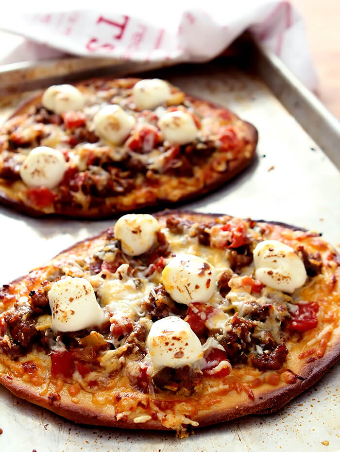 Sausage and Hatch Green Chile Pizza on Naan Bread