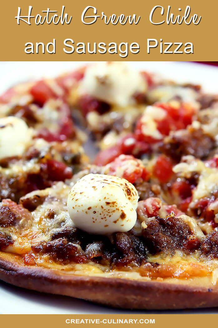 Pillows of Cream Cheese Top Sausage and Hatch Green Chile Pizza on Naan Bread