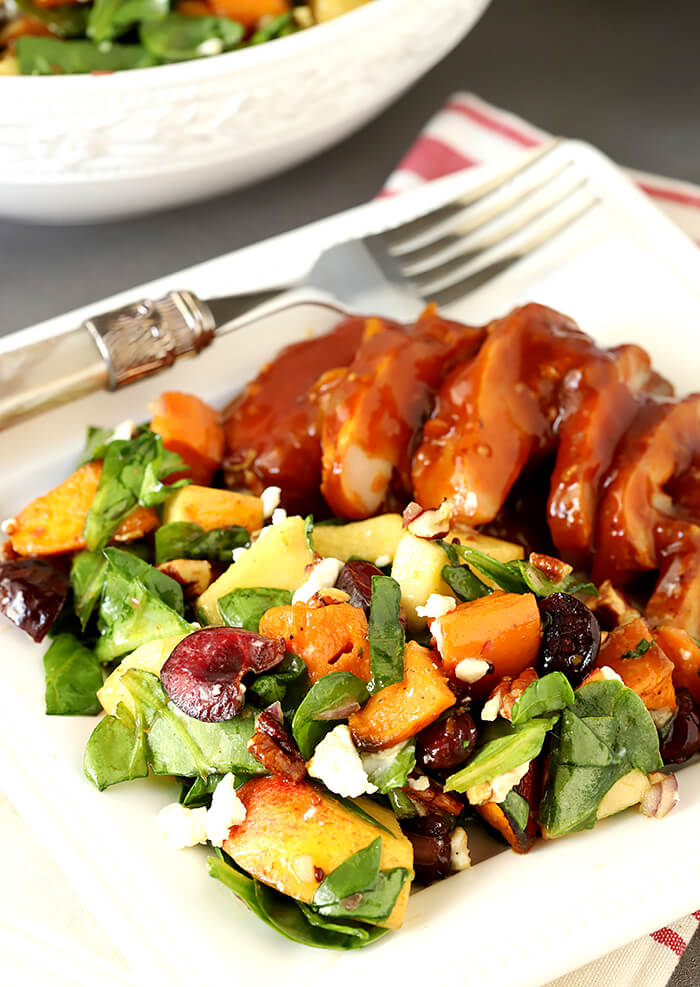 Closeup of Sweet Potato and Spinach Salad with Pecans, Cherries and Goat Cheese