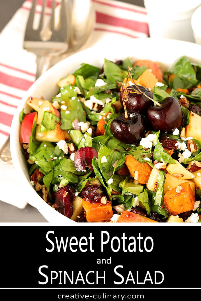 Sweet Potato and Spinach Salad with Pecans, Cherries and Goat Cheese in a Round White Serving Bowl