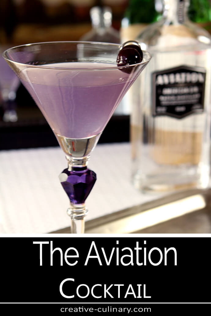 The Aviation Cocktail is a beautiful purple and is served in a martini glass with a purple gem on the stem.