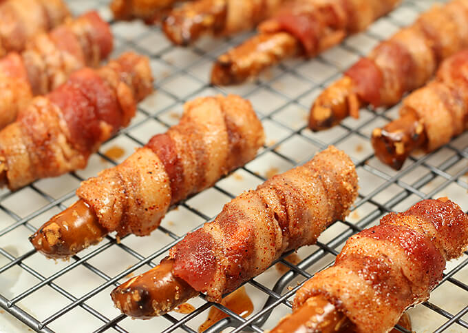 Bacon Wrapped Pretzel Rods on Baking Rack