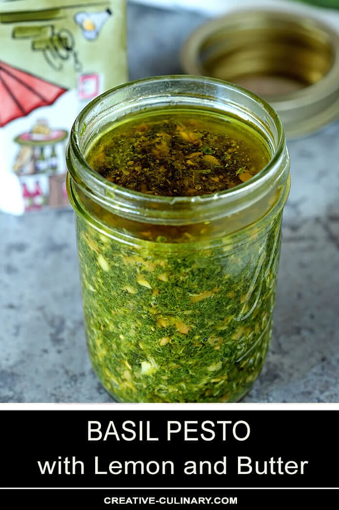 Basil Pesto In Mason Jar with Covering of Olive Oil