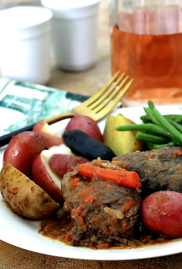 Sherry Pot Roast Served with Carrots and Potatoes