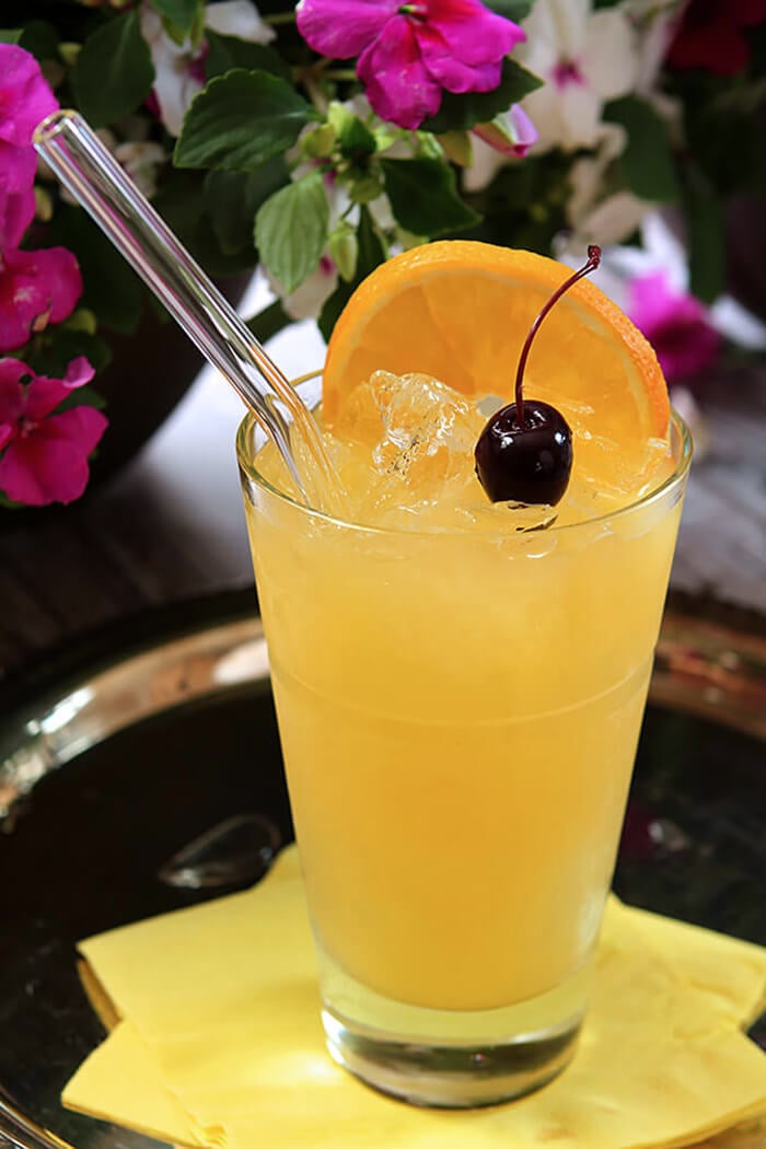 The Black-Eyed Susan Cocktail Served in a Tall Glass with Orange and Cherry Garnish