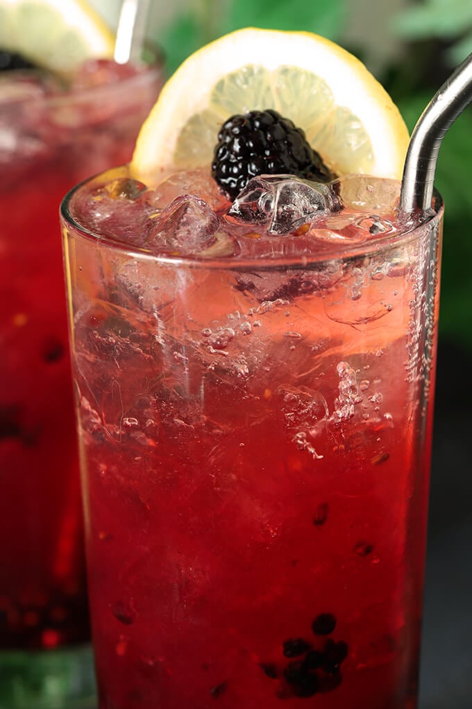 Blackberry Bourbon Collins Cocktail Closeup of Bubbles