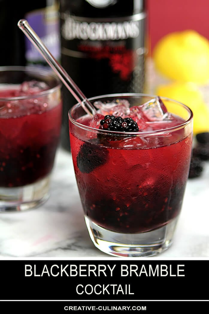 Blackberry Bramble Cocktail in Lowball Glasses Garnished with Blackberries