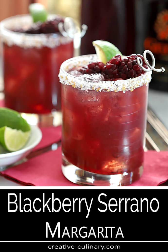 Blackberry Serrano Margarita Cocktails with Lime Wedge and Blackberry Garnish PIN