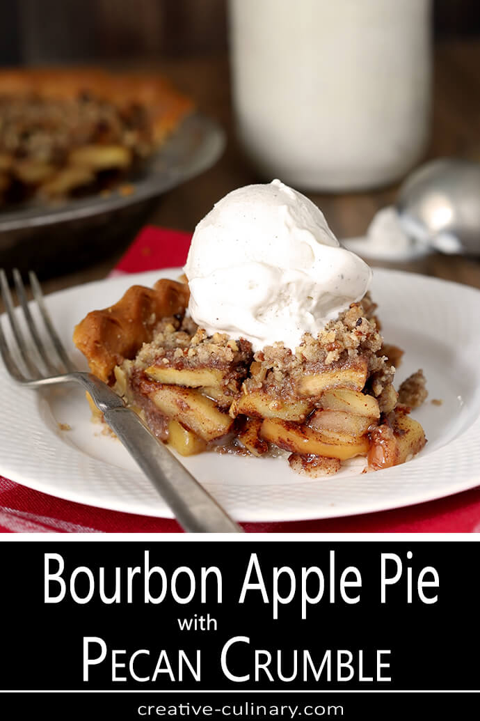Bourbon Caramel Apple Pie with Pecan Crumble Ala Mode Served on a White Plate