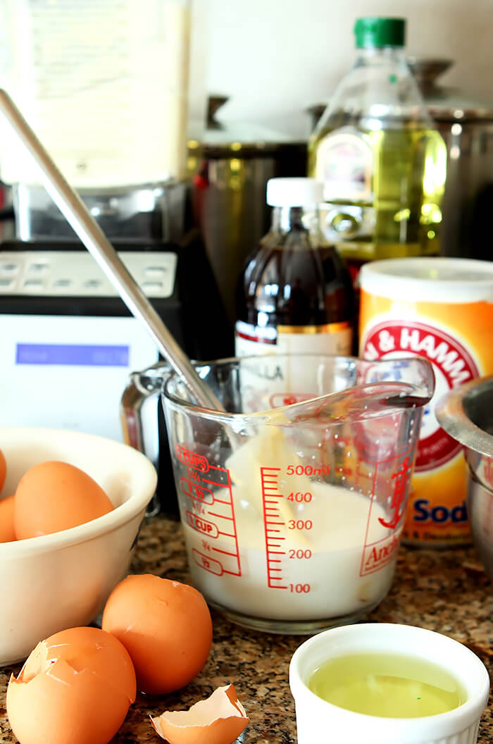 Buttermilk Pancake Ingredients including eggs, buttermilk, baking soda, oil and vanilla