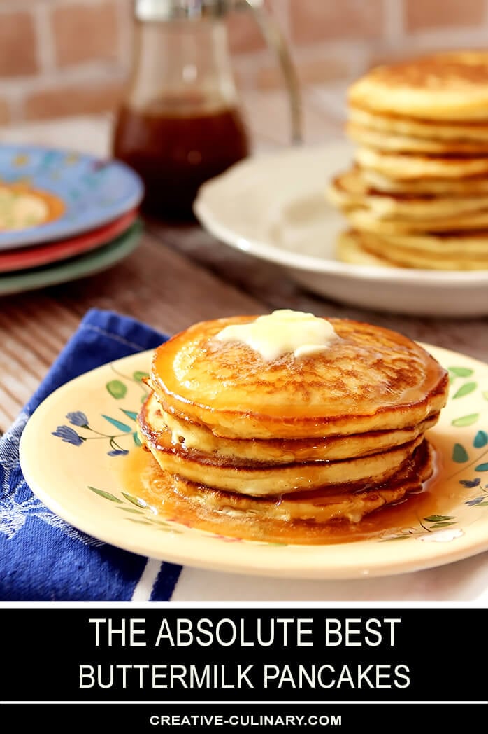 Stack of The BEST Buttermilk Pancakes with Butter and Syrup