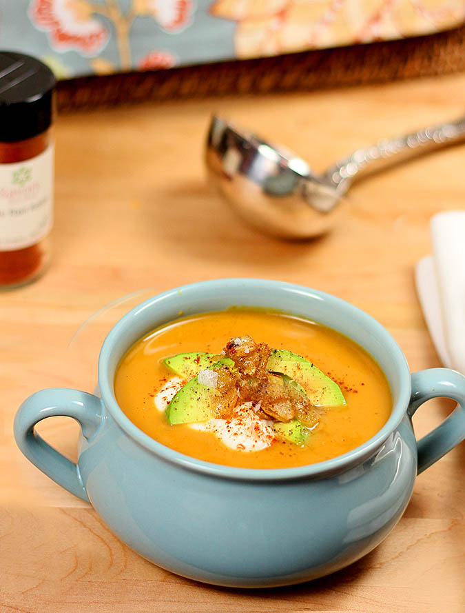 Butternut Squash, Potato and Roasted Pepper Soup Butternut Squash, Potato and Roasted Pepper Soup in Blue Bowl with Handles