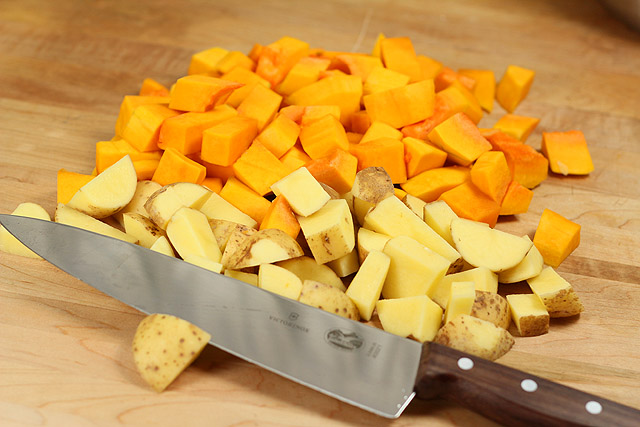 Butternut Squash and Potatoes, Cubed Cubed squash and potatoes for butternut squash, potato and roasted pepper soup