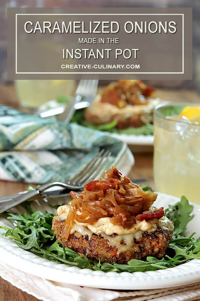 Finished Caramelized Onion made in the Instant Pot Served with a Veggie Burger