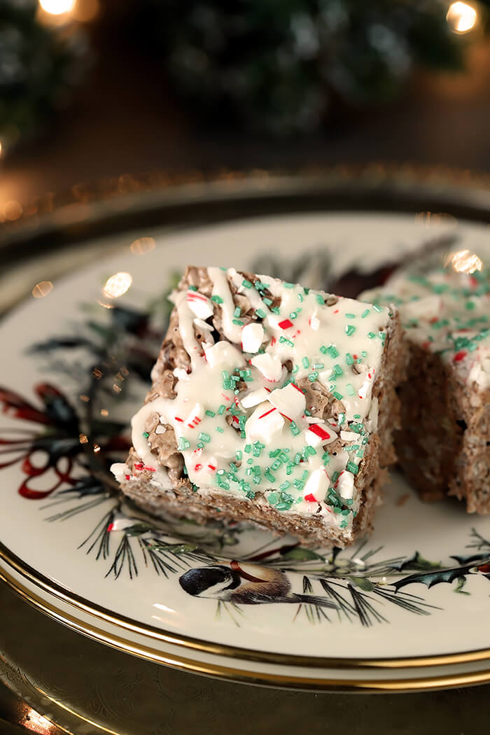 Two Chocolate Mint Rice Krispie Treats on a Holiday Plate