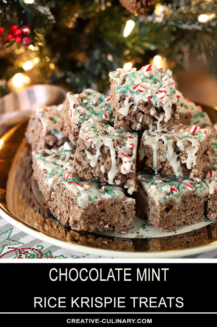 Chocolate Mint Rice Krispie Treats Stacked on a Plate