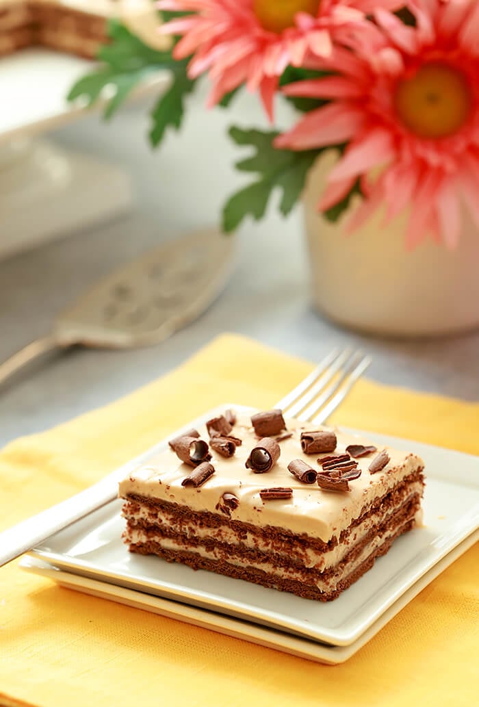 Argentina's Chocotorta Dessert Argentina's Chocotorta Dessert Served on a Square White Plate with Chocolate Curls
