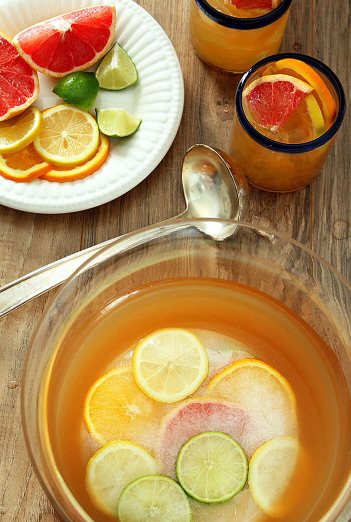 Citrus Rum Punch in Punchbowl with Citrus Ice Ring