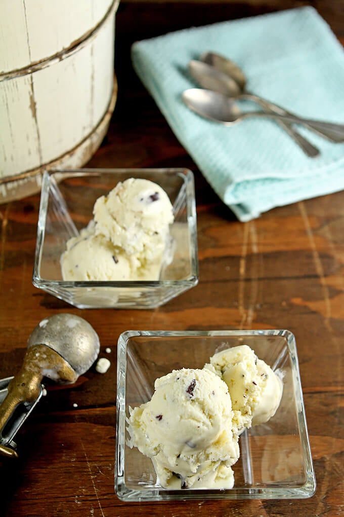 Coconut and Dark Chocolate Chunk Ice Cream Chocolate Chunk Coconut Ice Cream in a Glass Dish