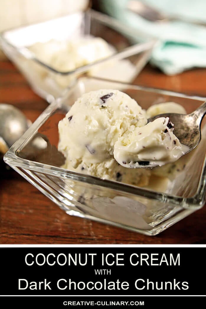 Chocolate Chunk Coconut Ice Cream served in clear, square bowls