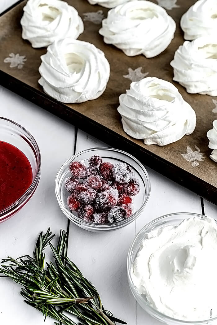 Meringues, Cranberry Curd, and Whipped Cream for Pavlovas