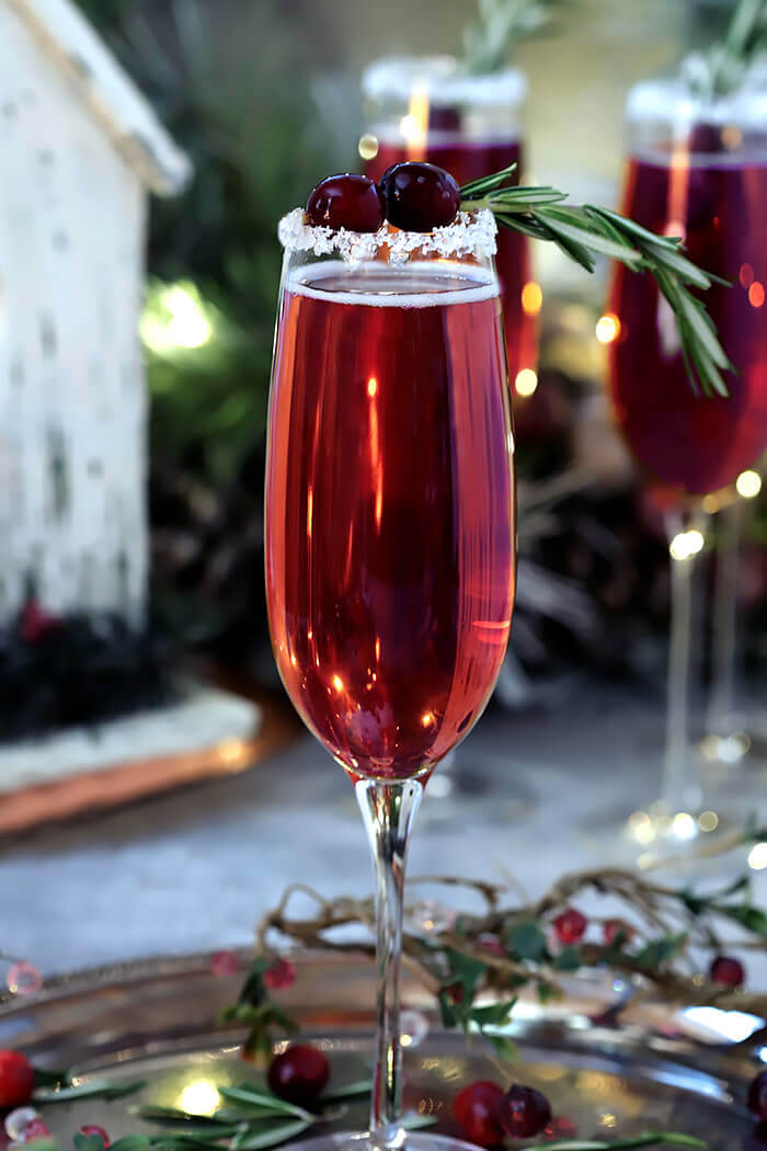 Cranberry Poinsettia Cocktail in Tiffany Champagne Glass