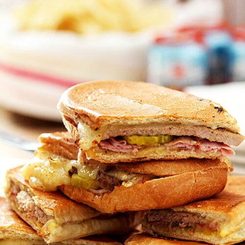 Cubano Sandwich Cut and Stacked on Plate