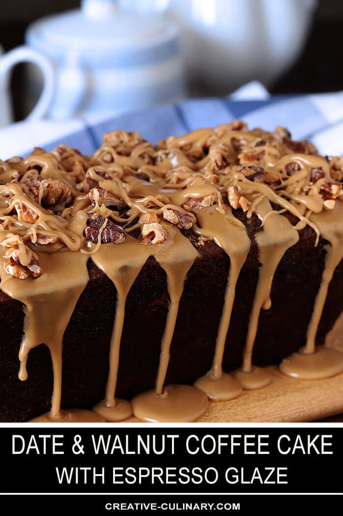 Date Coffee Cake with Walnuts and Espresso Glaze with Toasted Walnuts on Top