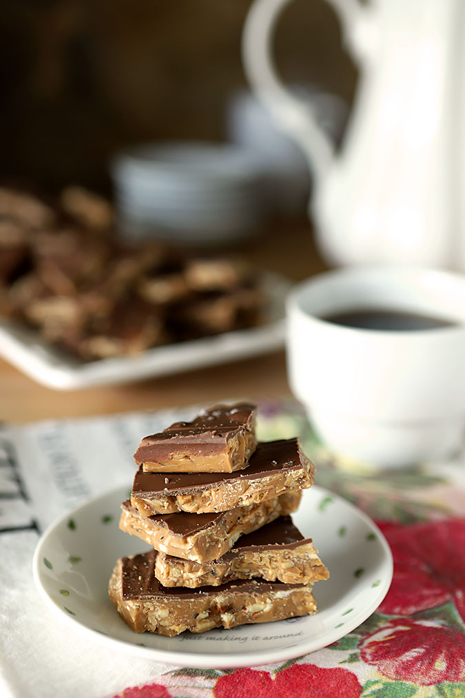 English Toffee with Toasted Almonds and Salted Chocolate English Toffee with Toasted Almonds and Salted Chocolate Pieces Served with Coffee