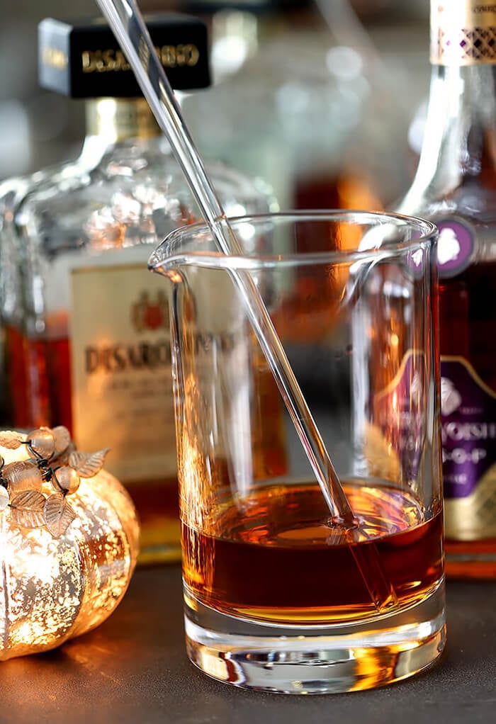 The French Connection Cocktail Mixed in a Cocktail Pitcher