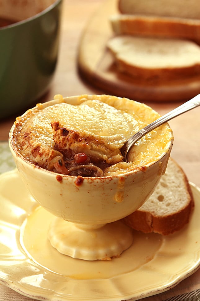 French Country Onion and Short Rib Soup in a Yellow Soup Bowl