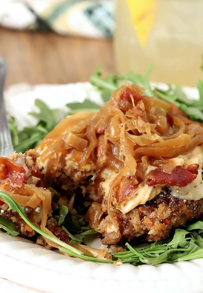 French Onion Veggie Burger with Caramelized Onions and Bacon