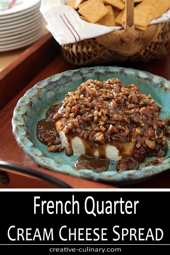 French Quarter Cream Cheese Spread Served in A Turquoise Pottery Bowl