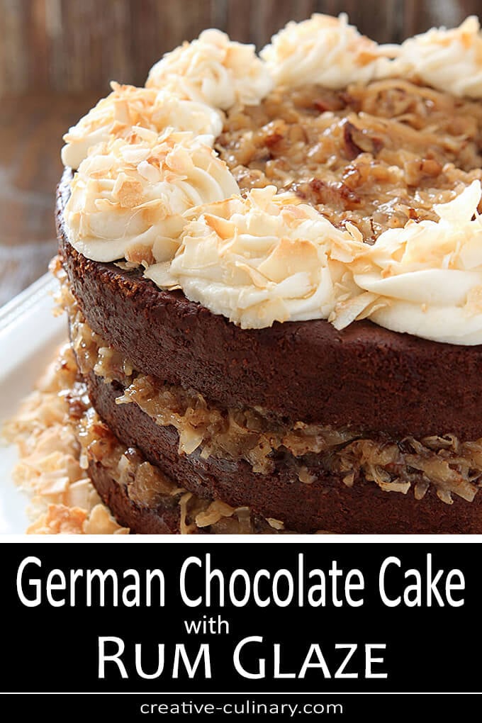 German Chocolate Cake with Buttercream Frosting and Rum Glaze PIN