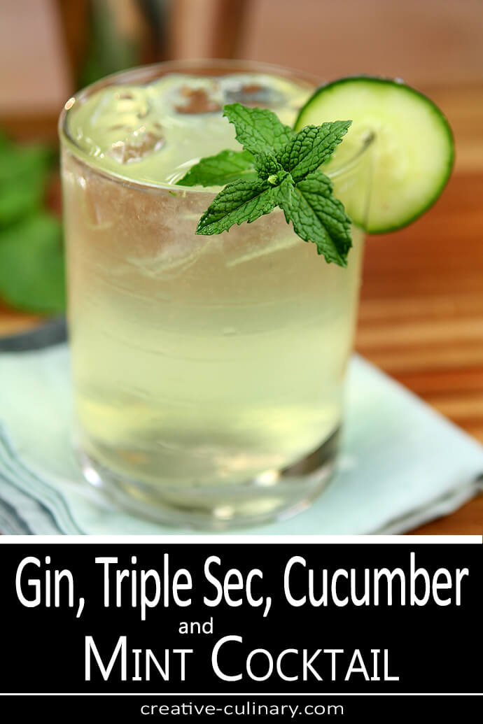Gin, Triple Sec, Cucumber and Mint Cooler Served in a lowball glass and garnished with mint and cucumber.
