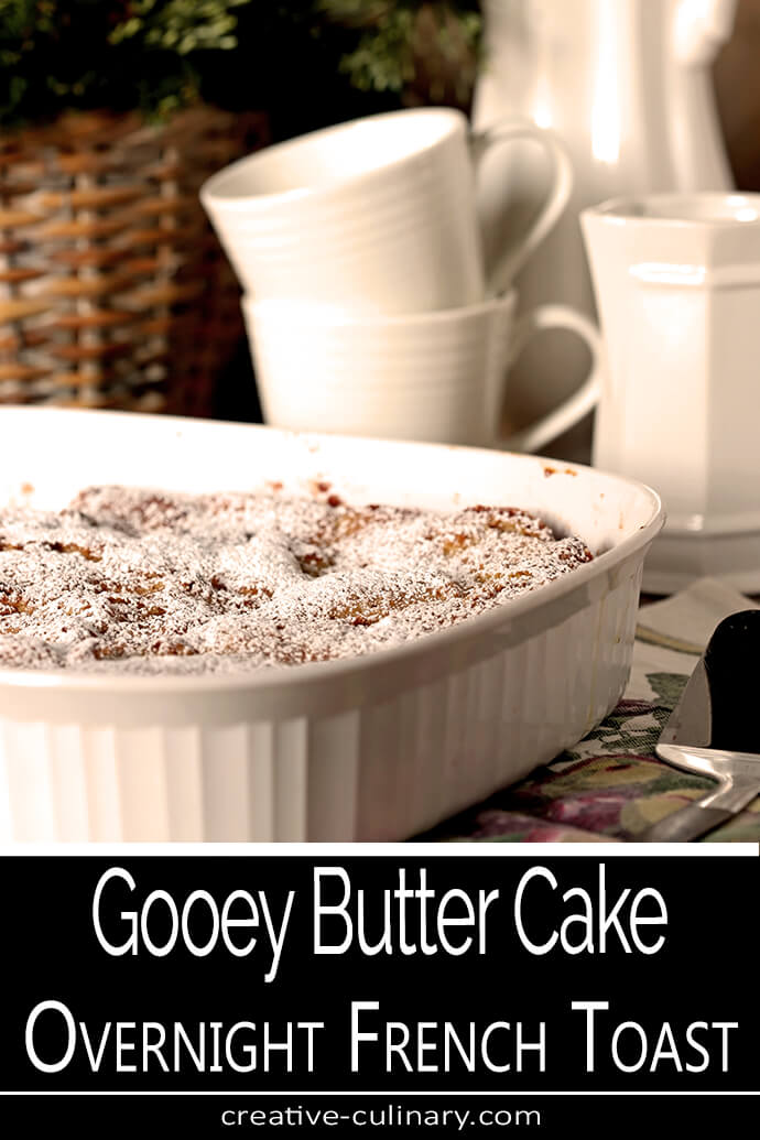 Gooey Butter Cake Overnight French Toast in a White Baking Pan