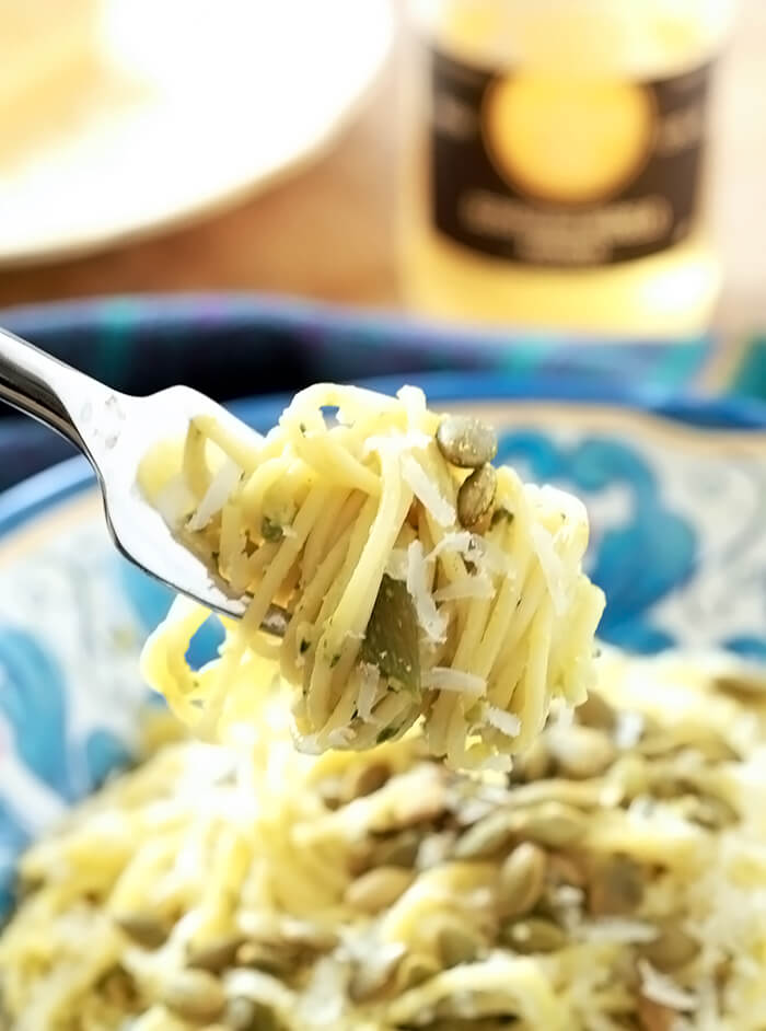 One forkful of Green Spaghetti with a Poblano Cream Sauce