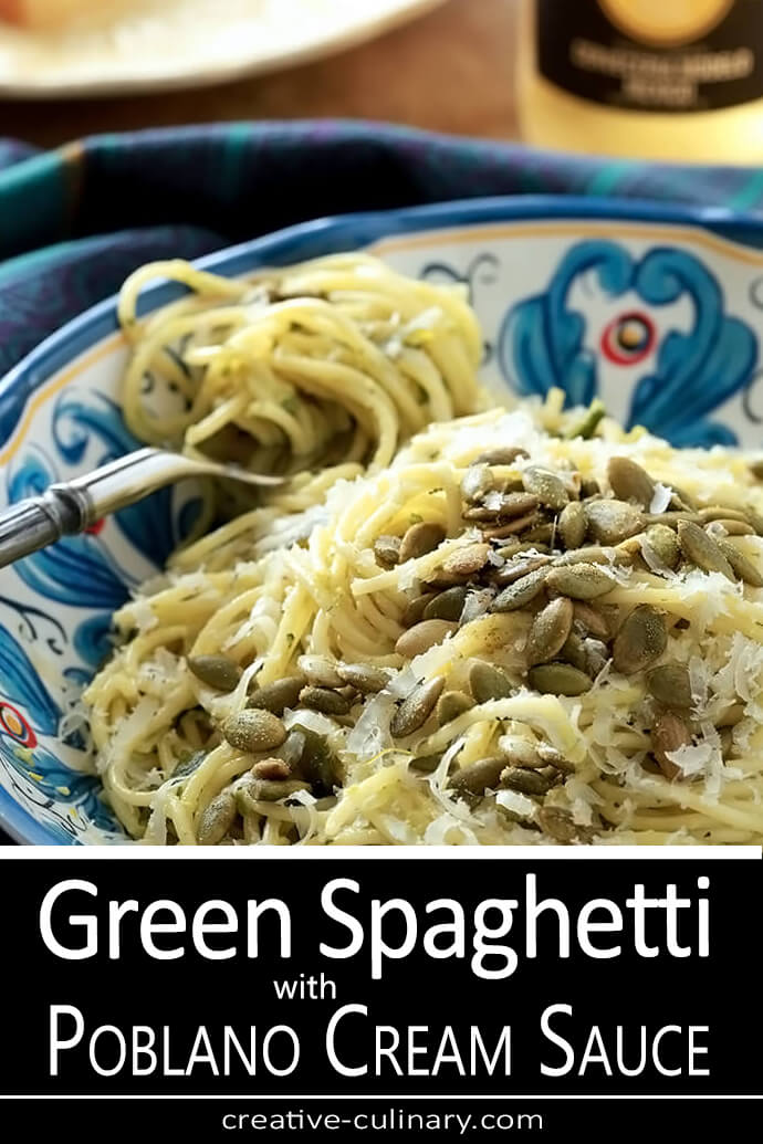 Green Spaghetti - Poblano Pepper and Cream Sauce served in a blue and white bowl.