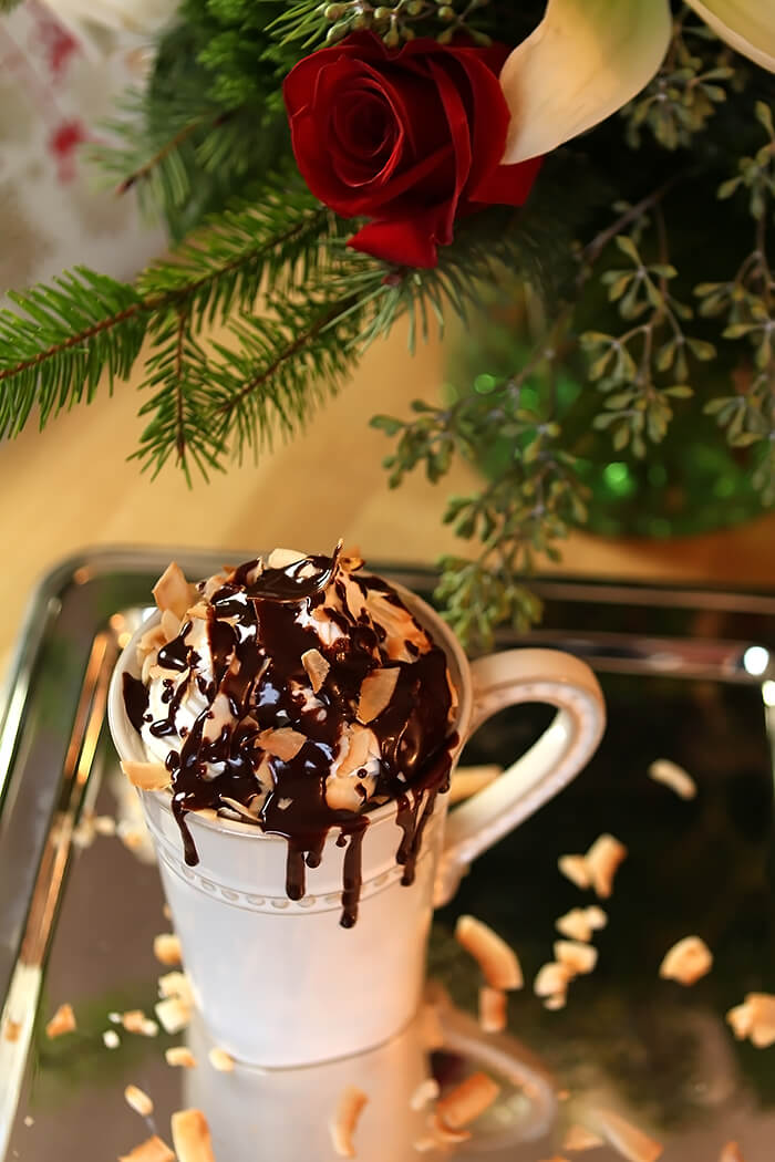 Overhead of Hot Chocoate with Rum, Coconut, and Chocolate Sauce