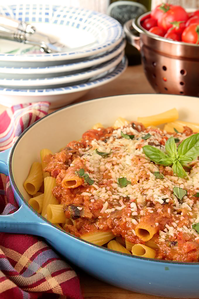 Italian Sausage Pasta with Roasted Tomatoes in Royal Blue Skillet.