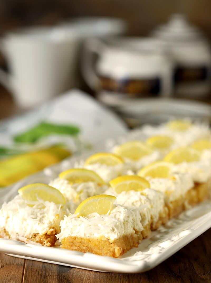 Lemon and Coconut Bars with Mascarpone Cheese from Nordstrom Cafe Garnished with Lemon Slices