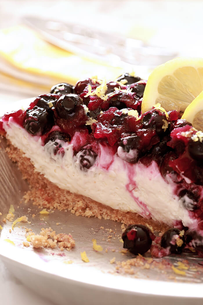 Lemon Cream Pie with Blueberries Slice in Pie Pan