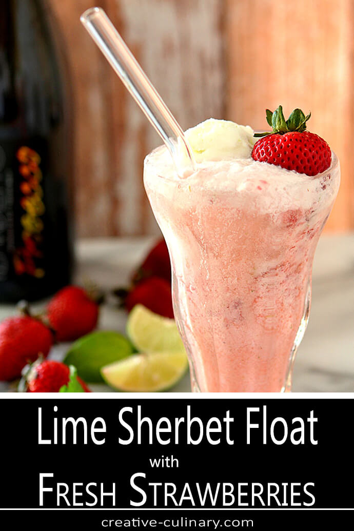 Lime Sherbet Float with Strawberries and Prosecco in an Old Fashioned Float Glass with a Glass Straw